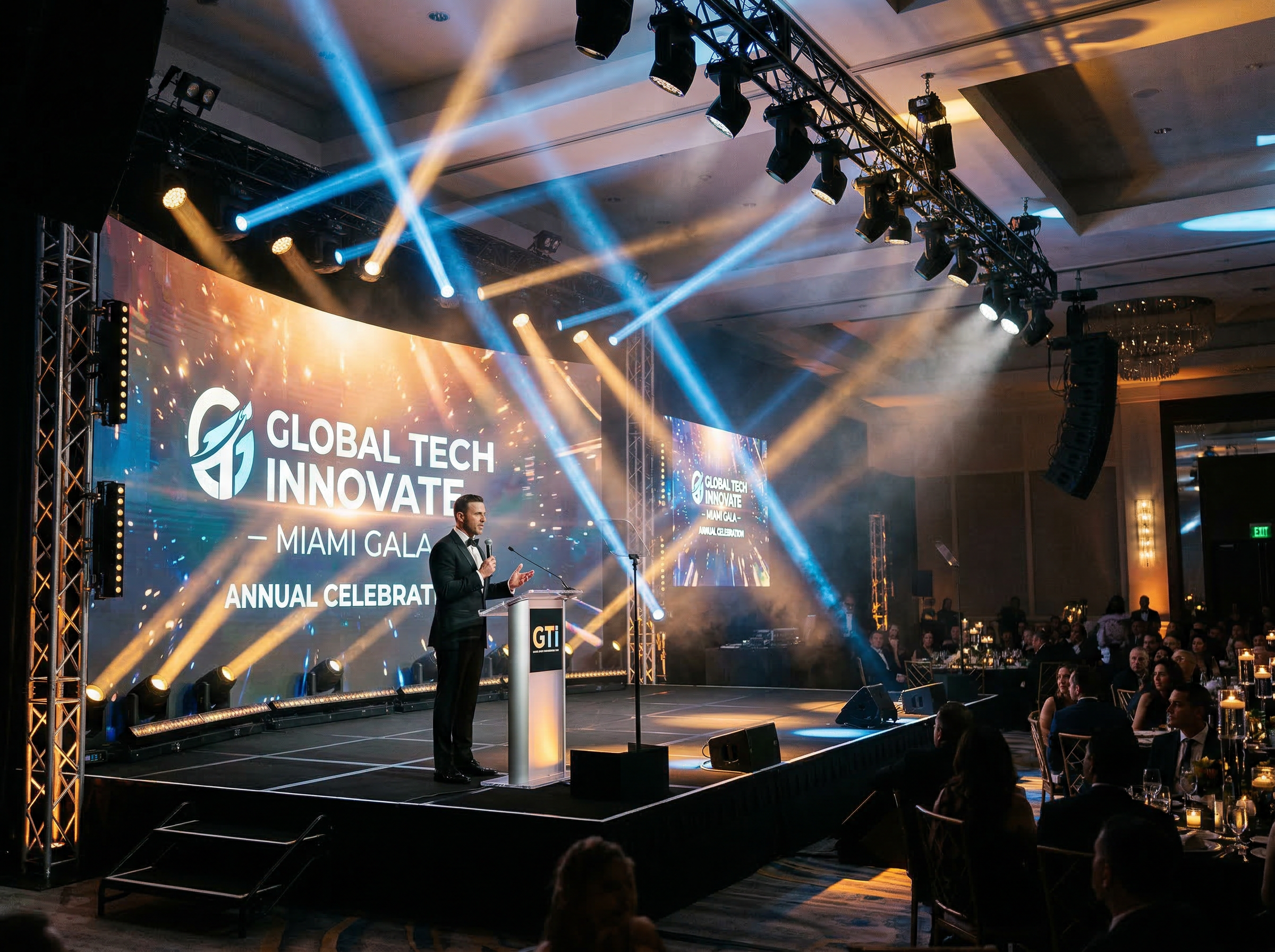 Professional AV stage setup with LED backdrop at Miami corporate event
