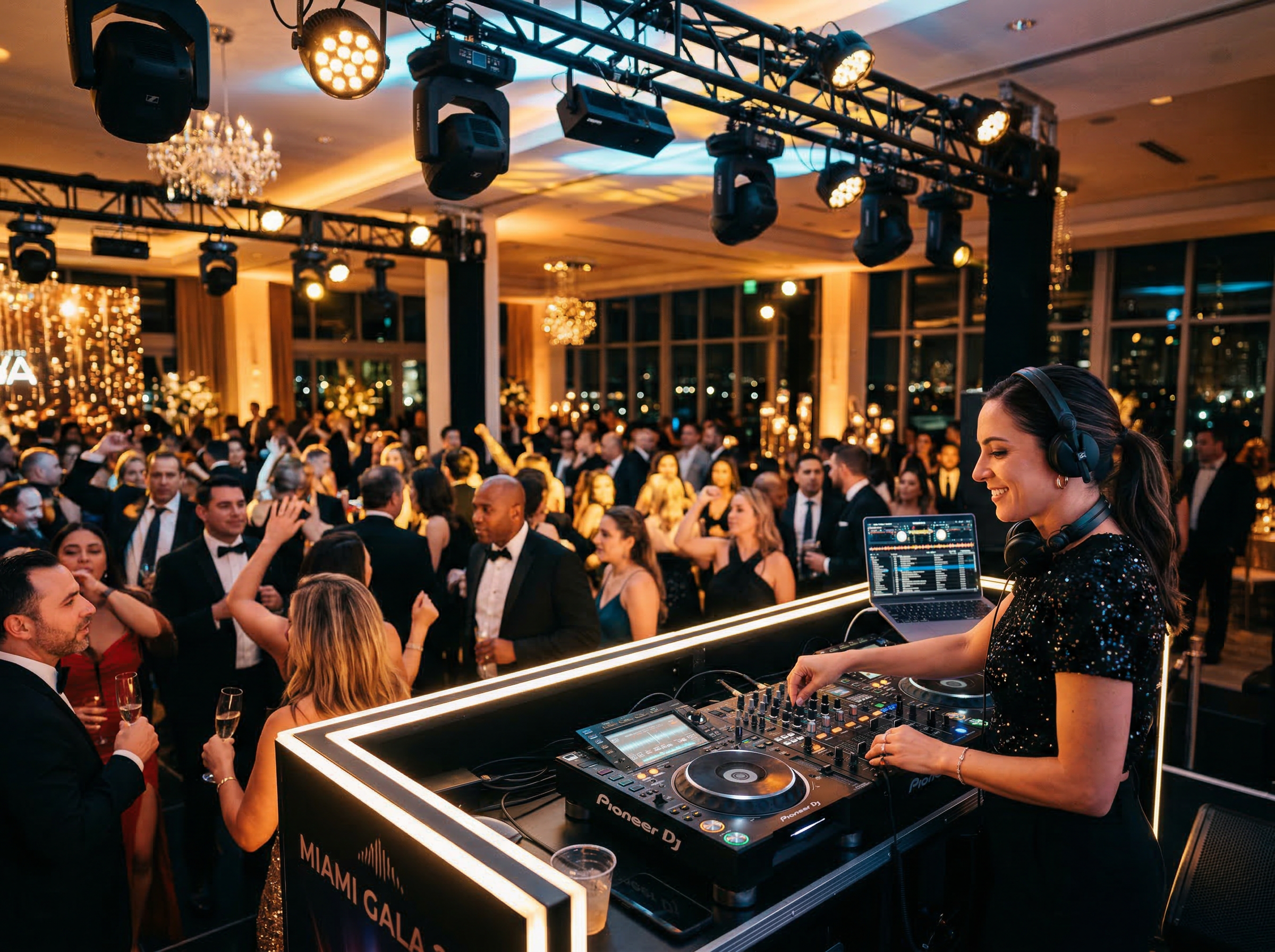 Professional DJ at Miami corporate gala with crowd dancing