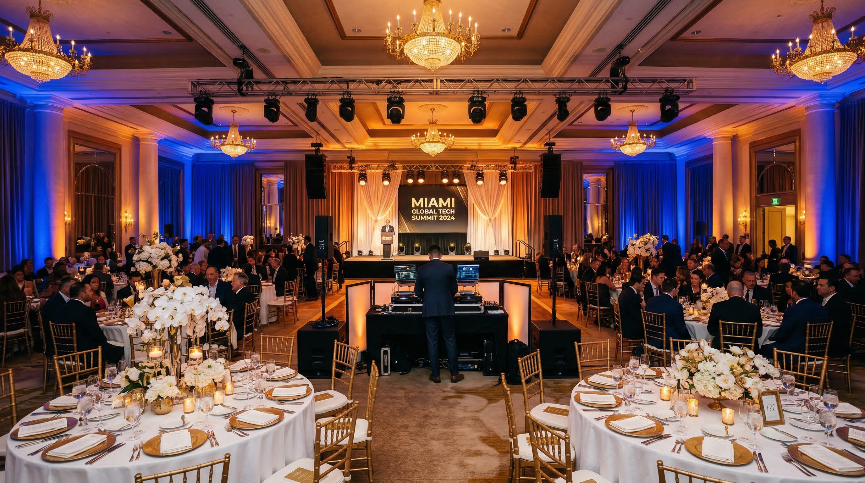 Elegant Miami corporate event ballroom with professional lighting and DJ setup